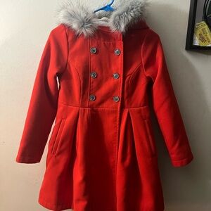 Cat & Jack Girl’s Red Pea Coat with Faux Fur Hood